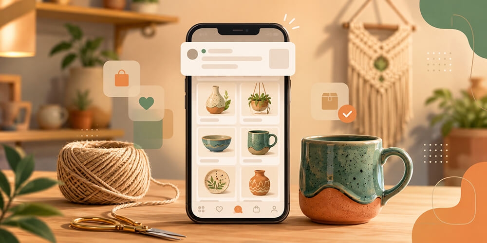 Celular apoiado numa bancada de ateliê mostrando a vitrine de um catálogo online em cards de produto, com uma barra borrada no lugar de cada preço e um aviso de mensagem nova descendo no topo da tela, e a mesma peça de cerâmica que aparece num dos cards s