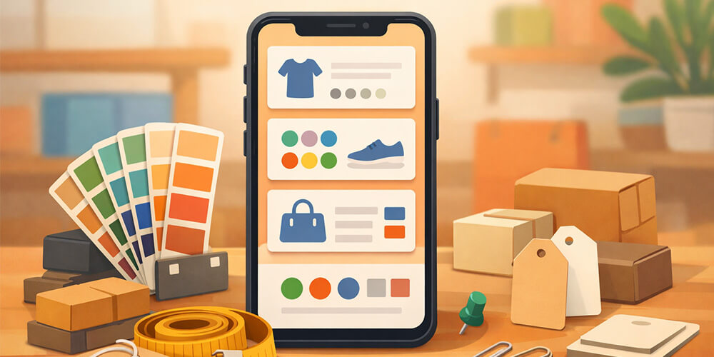 Ilustração de catálogo no celular com variações de produto organizadas de forma clara