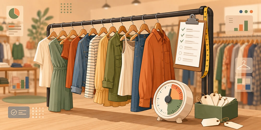 Canto de uma arara de loja de roupas em ângulo baixo, com dez peças puxadas para a frente do trilho e o resto do estoque comprimido atrás, uma prancheta com lista de checagem parcialmente marcada pendurada na ponta e um timer em contagem regressiva no chã