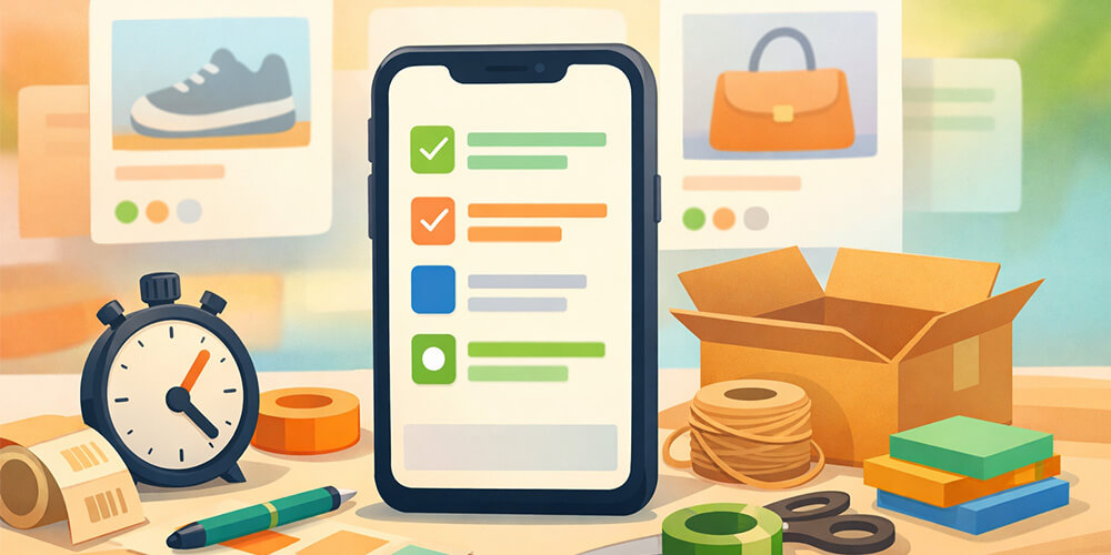 Ilustração de checklist de catálogo no celular com produtos organizados e prontos para venda
