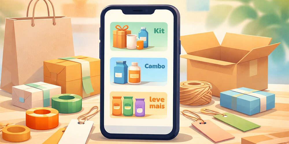 Ilustração de promoções organizadas no catálogo com ofertas em kit, combo e leve mais