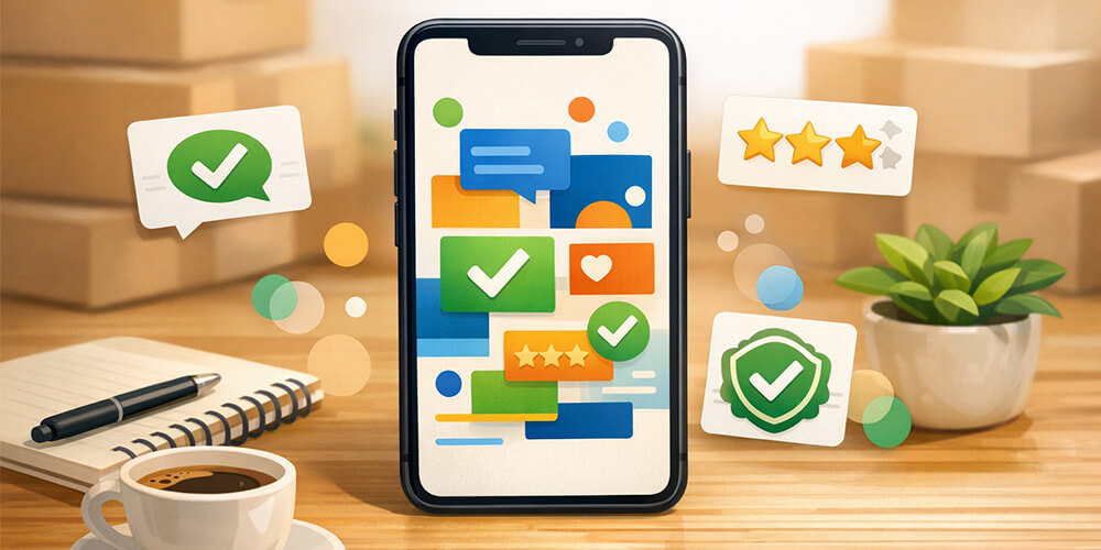 Ilustração de prova social no WhatsApp com pedidos e depoimentos sem expor dados do cliente
