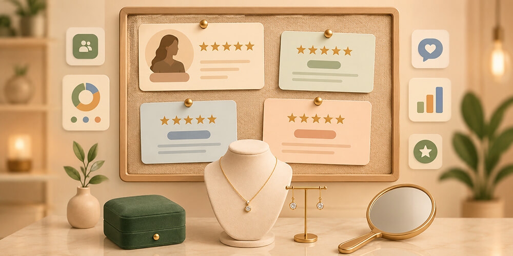 Painel de parede com cartões de depoimento presos por tachinhas, cada um com estrelas e uma barra borrada no lugar do nome, um cartão com a foto de uma cliente em silhueta, e um expositor de pescoço com colar e brincos pendurados logo abaixo