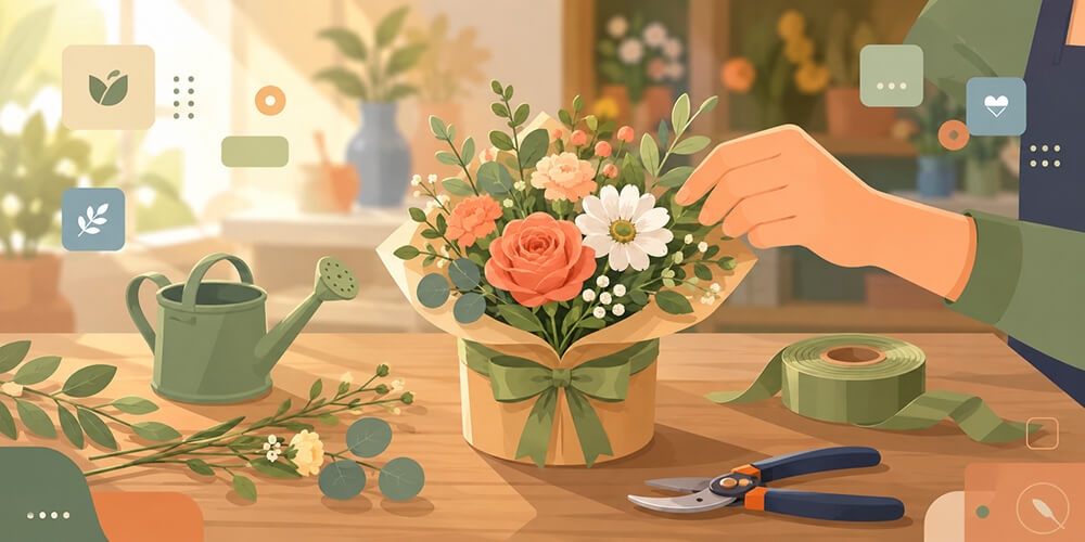 Bancada de floricultura preparando um pedido, com uma mão ajustando um arranjo, fita de cetim e tesoura de poda ao lado