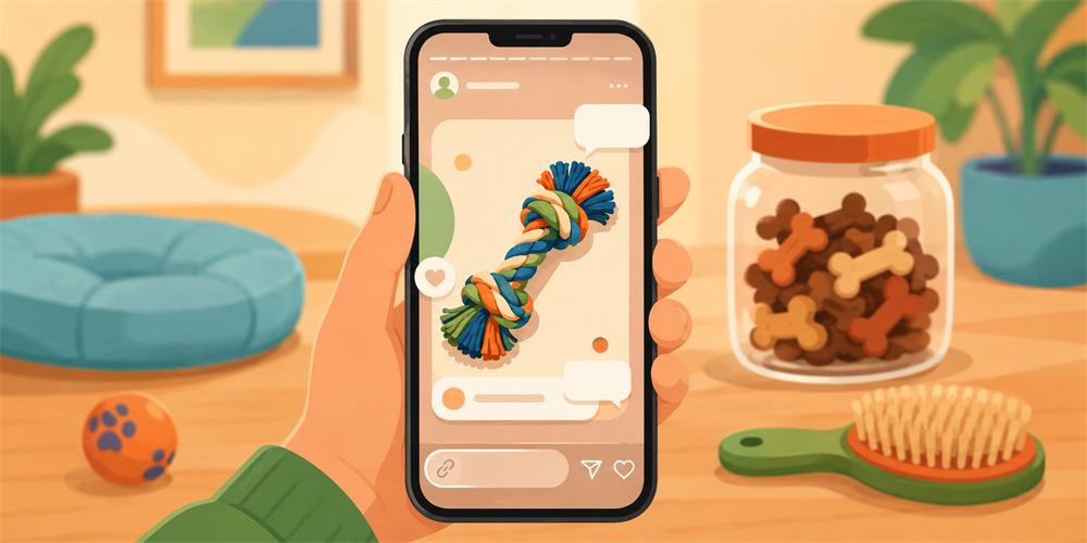 Celular em pé na mão mostrando uma publicação vertical de status com a foto de um brinquedo de pet e uma barra de link borrada ao pé da tela