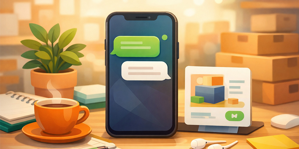 Ilustração de atendimento no WhatsApp Business com mensagem de boas-vindas e direcionamento para pedido