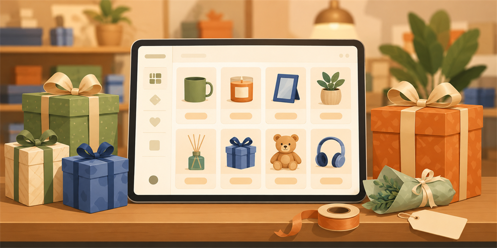Tela de catálogo digital numa prateleira de loja de presentes, com cards de produto e um retângulo borrado no lugar de cada preço