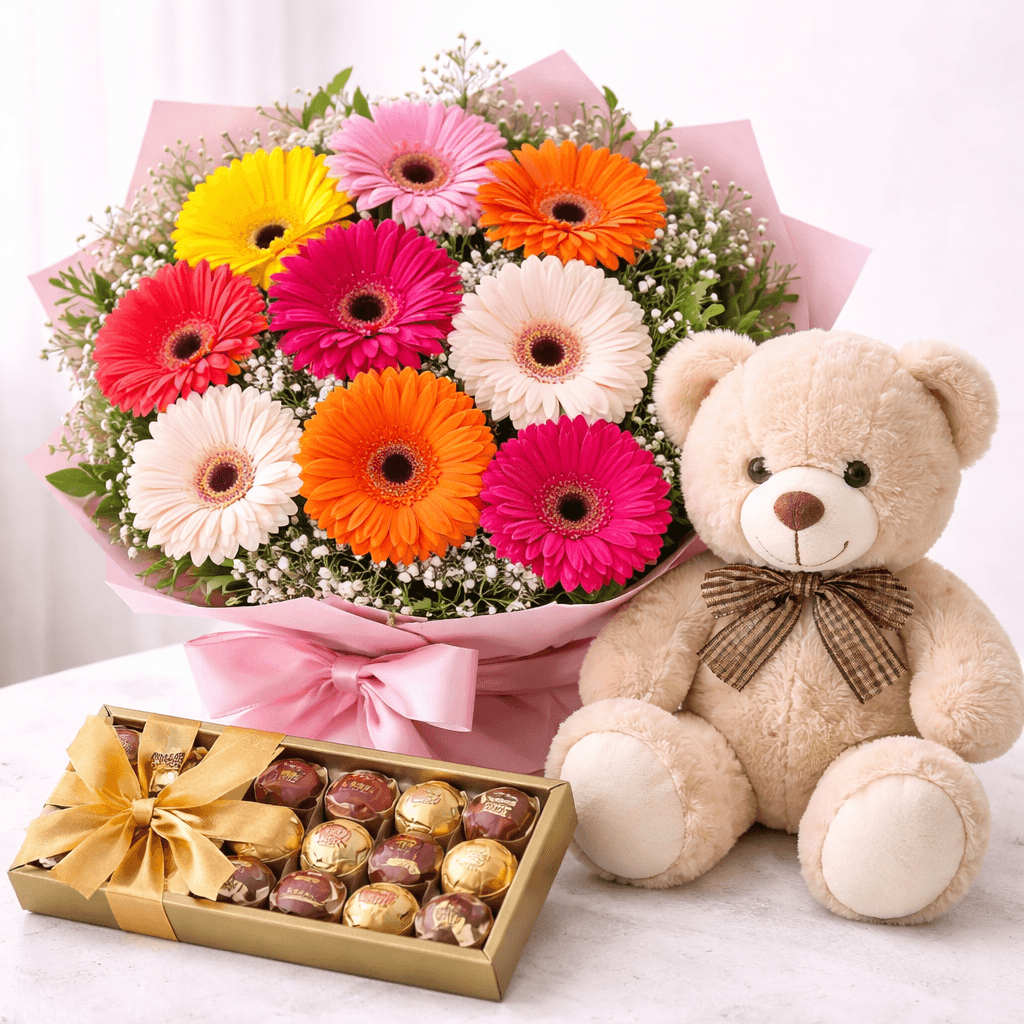 Imagem Gérberas, Chocolates e Pelúcia